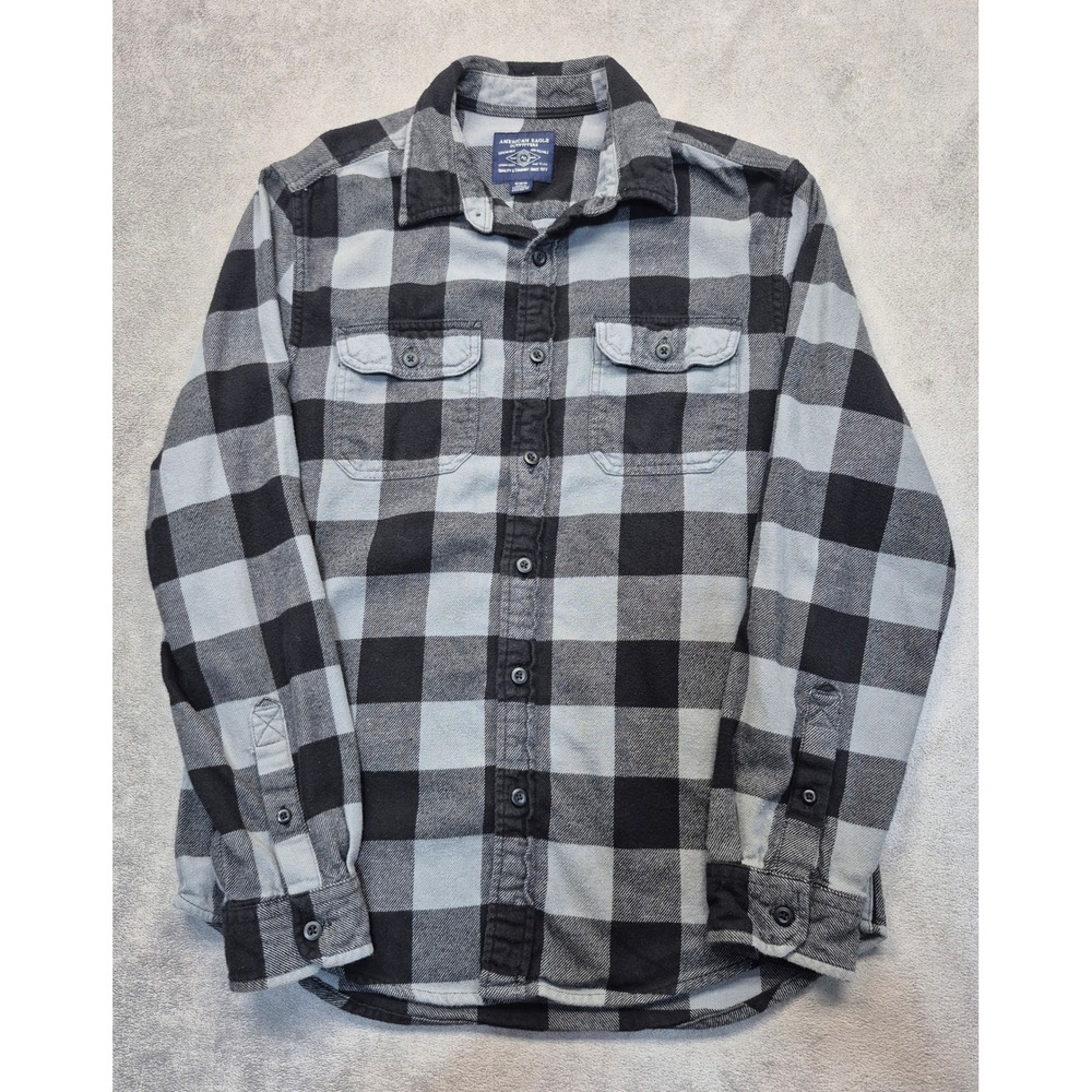American Eagle Mens Buffalo Plaid Flannel Shirt Gray Black Lumberjack Medium